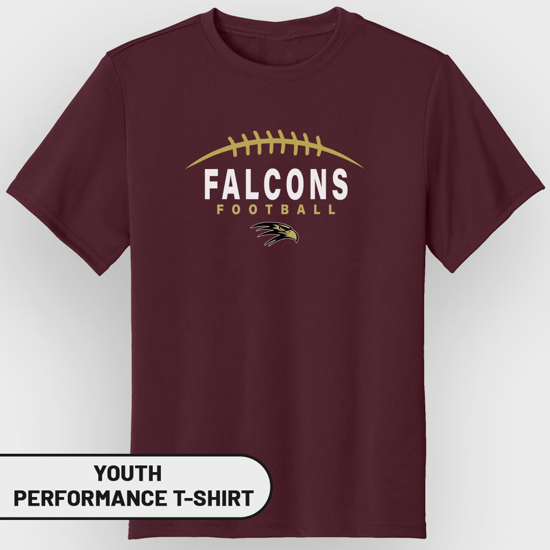 Maroon youth performance t-shirt with "Falcons Football" and a falcon logo.