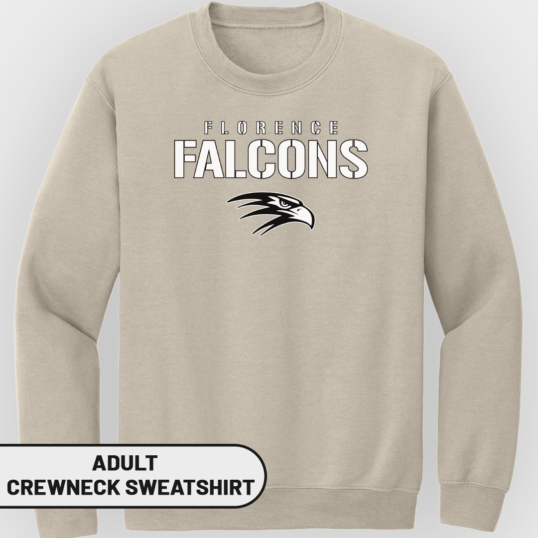 Tan adult crewneck sweatshirt with Florence Falcons logo and text.