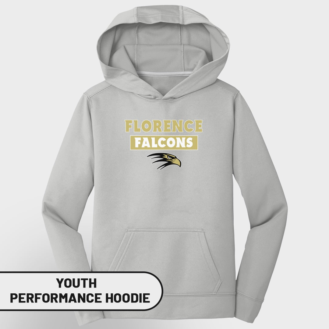 Light grey youth performance hoodie with "Florence Falcons" text and a falcon logo.