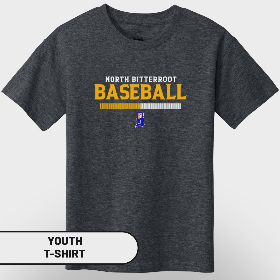 Youth t-shirt with "NORTH BITTERROOT BASEBALL" text and a logo.