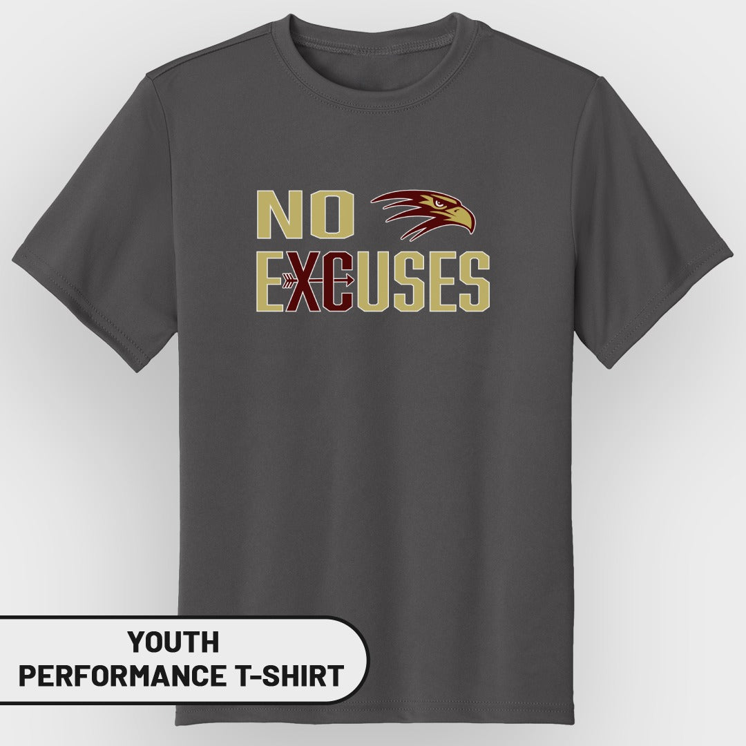 Youth performance t-shirt with text "NO EXCUSES" and eagle graphic.