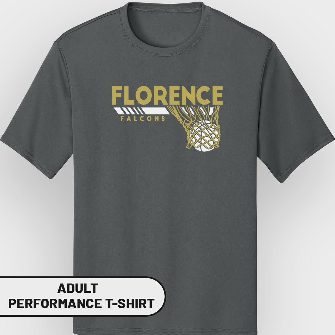 Grey t-shirt with "FLORENCE FALCONS" and basketball in net graphic.
