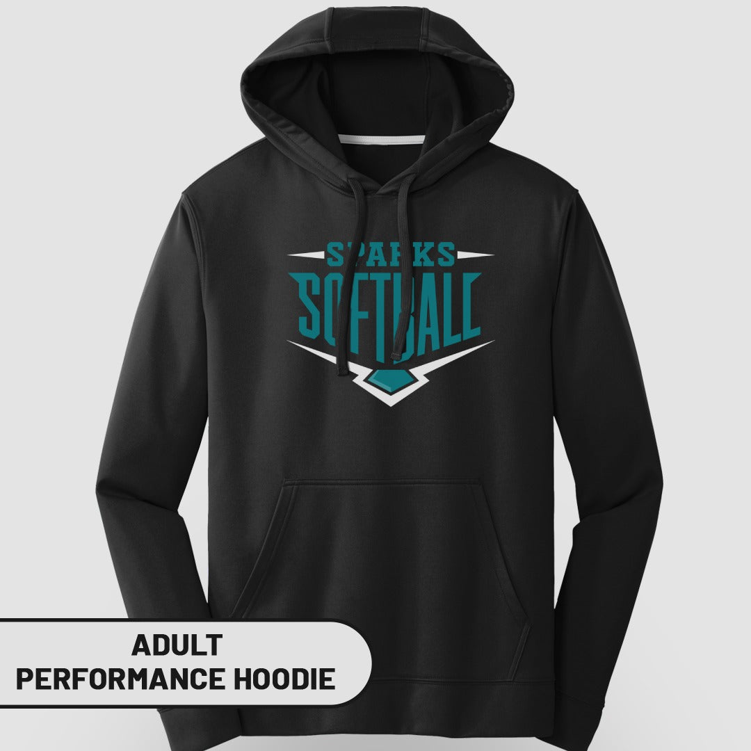 Black adult performance hoodie with "Sparks Softball" logo.