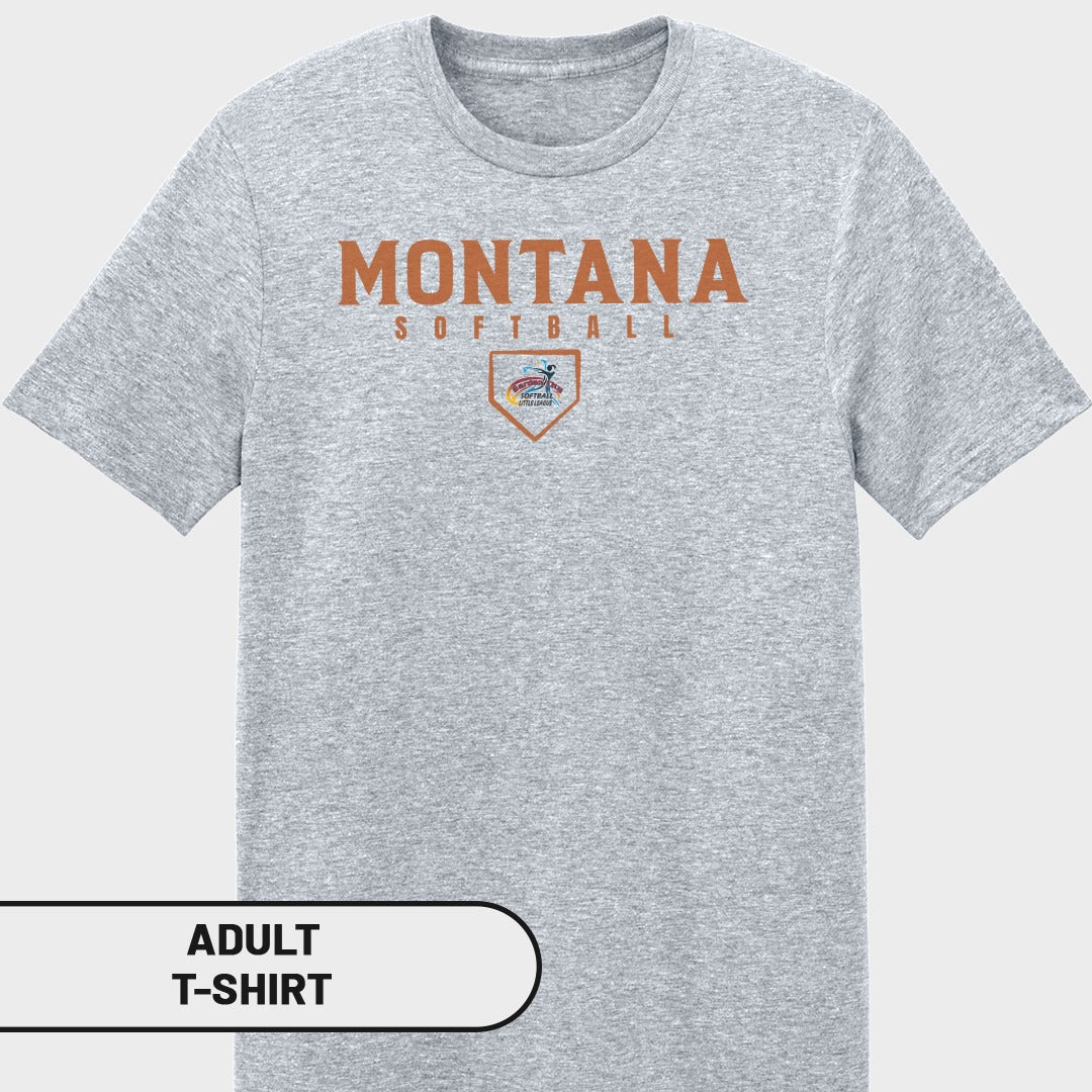 Grey adult t-shirt with "Montana Softball" and a softball league logo.