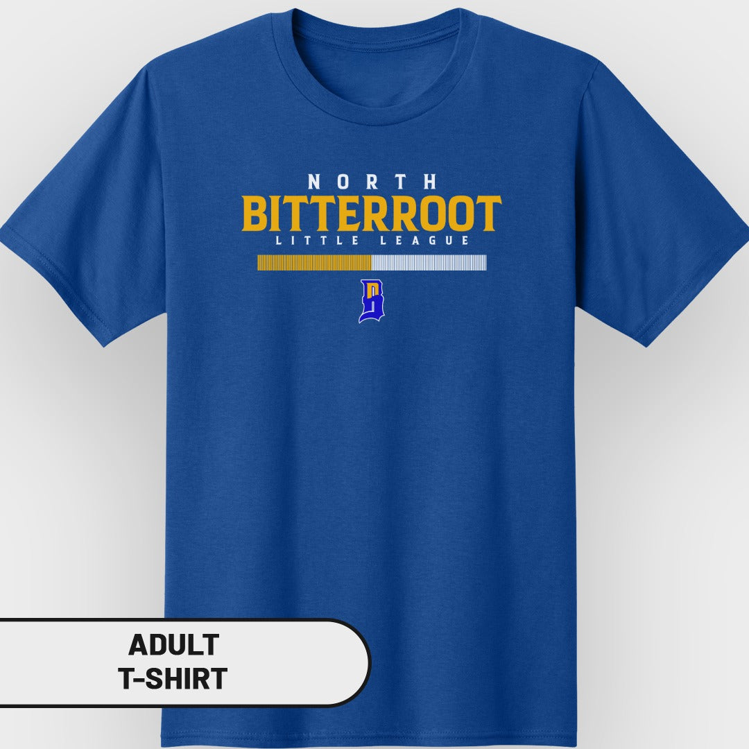 Blue adult t-shirt with "NORTH BITTERROOT LEAGUE" and a blue "B" logo.