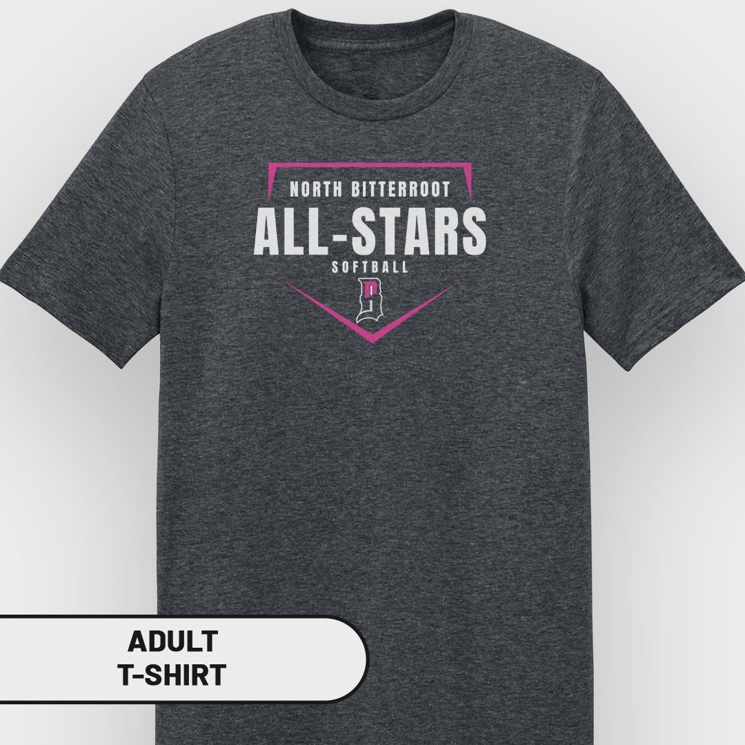 Dark grey adult t-shirt with "North Bitterroot All-Stars Softball" and a pink diamond logo.