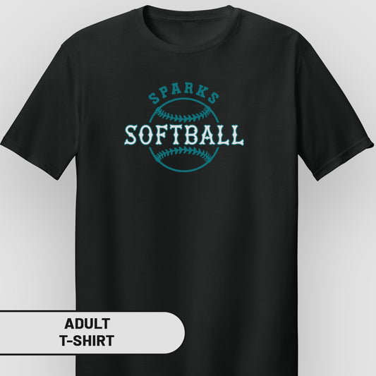 Black adult t-shirt with "SPARKS SOFTBALL" text and softball graphic.