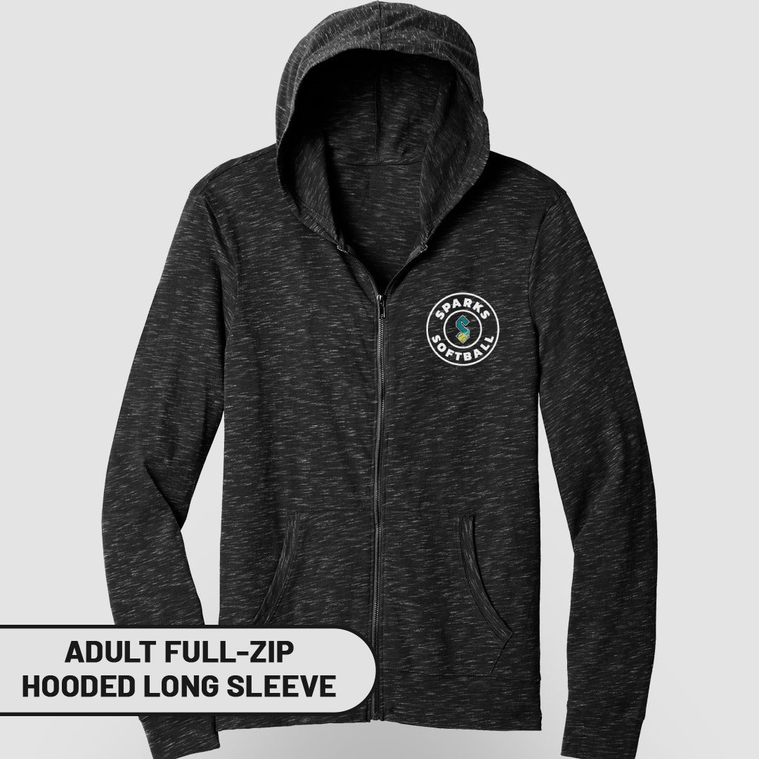 Adult full-zip hooded long sleeve shirt with Sparks Softball logo.