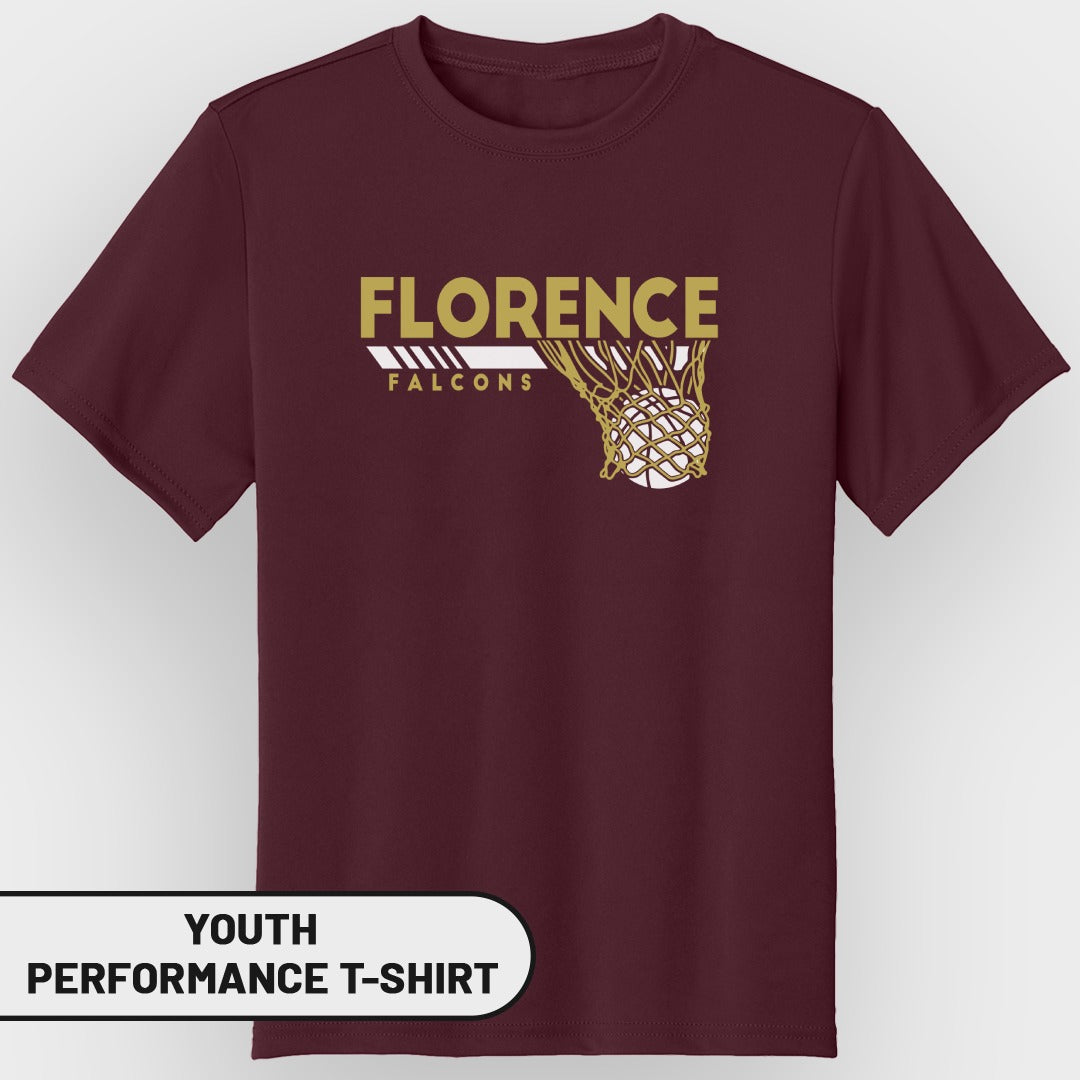 Maroon youth performance t-shirt with gold "FLORENCE FALCONS" basketball graphic.