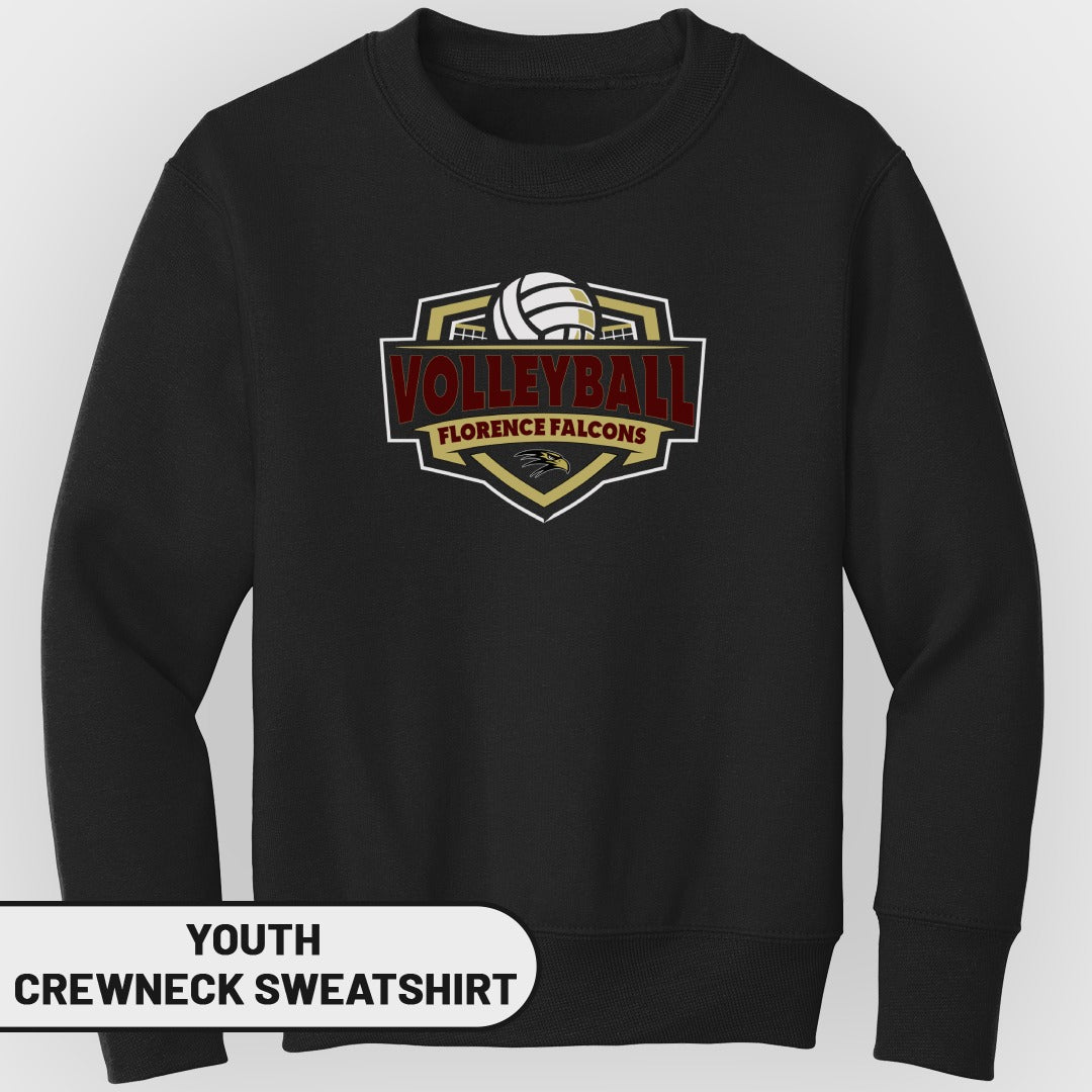 Youth crewneck sweatshirt with a volleyball and Florence Falcons logo.