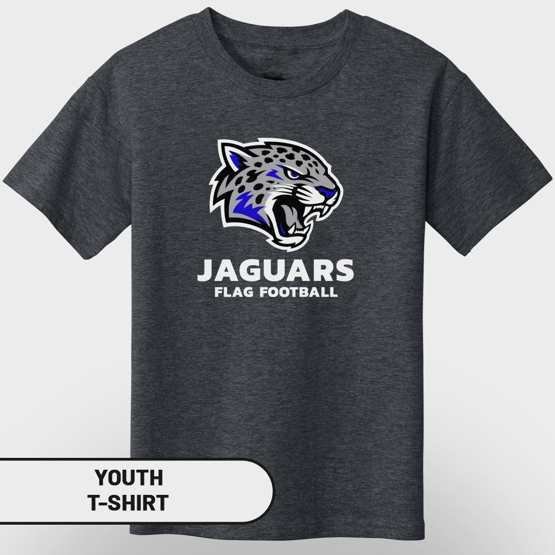 Youth t-shirt with Jaguars flag football team logo and text.