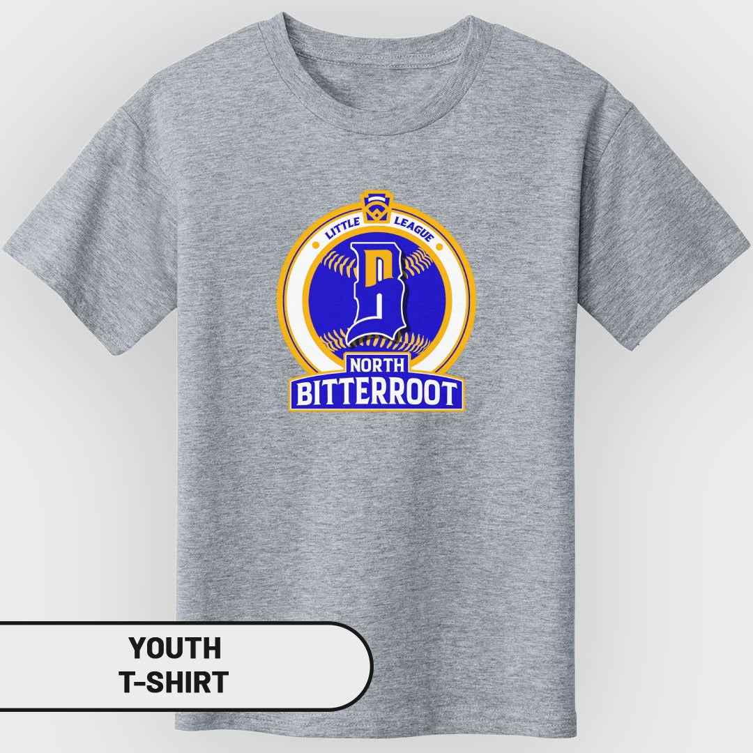 Youth t-shirt with Little League North Bitterroot logo on gray fabric.