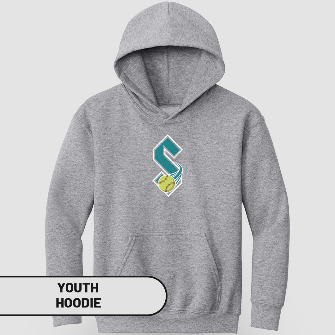 Gray youth hoodie with a softball logo on the chest.