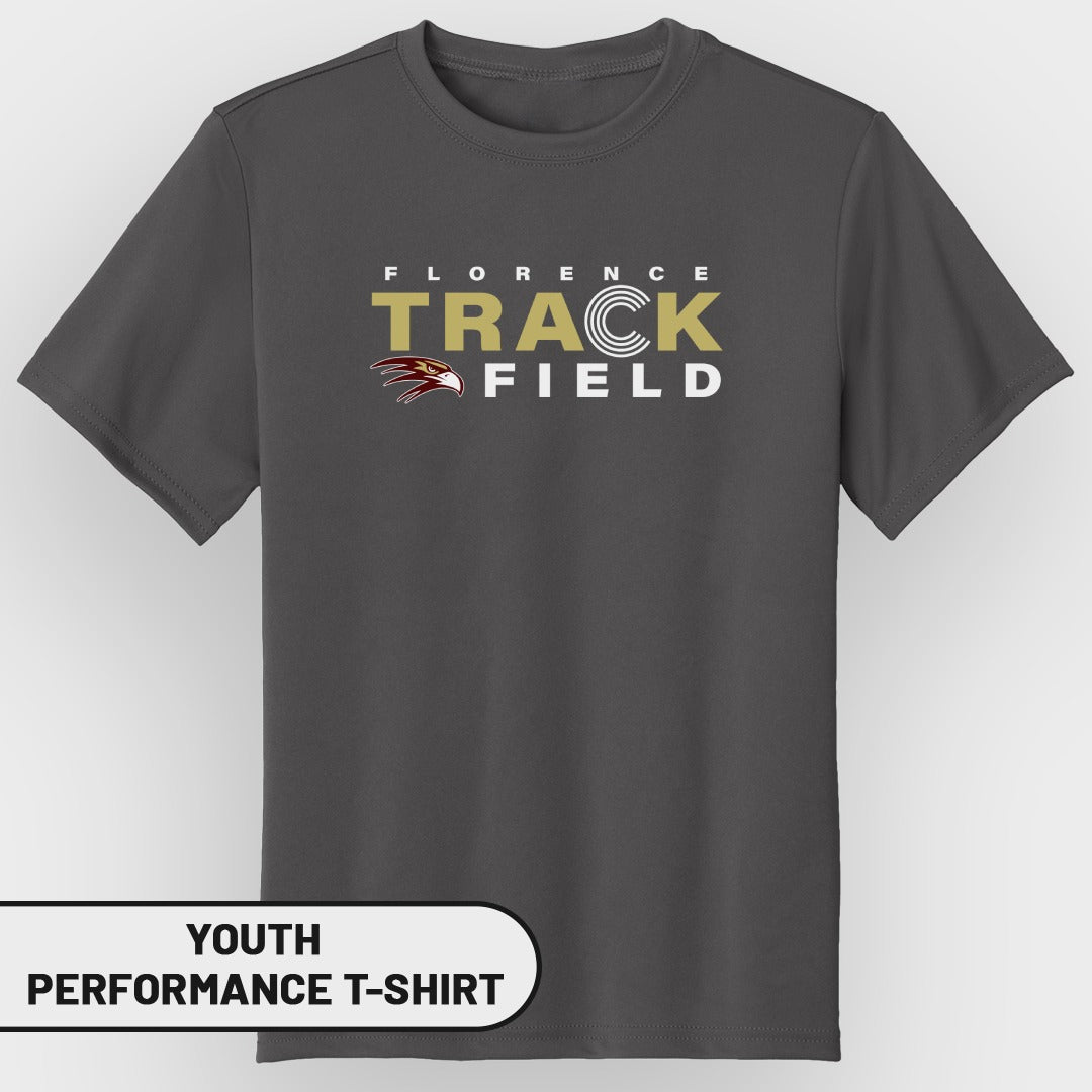 Gray youth performance t-shirt with Florence Track Field text and eagle logo.