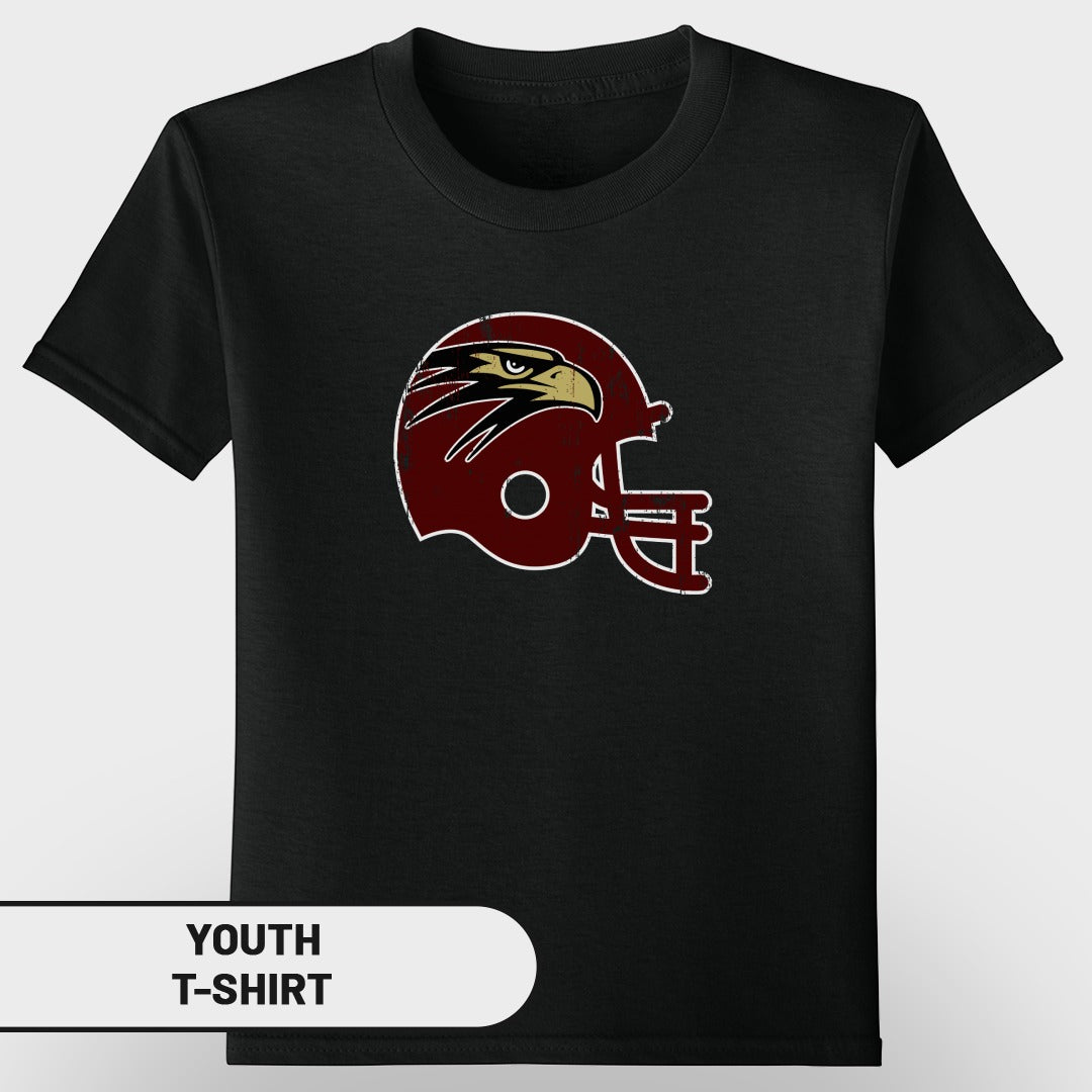 Black youth t-shirt with a distressed maroon football helmet and eagle graphic.