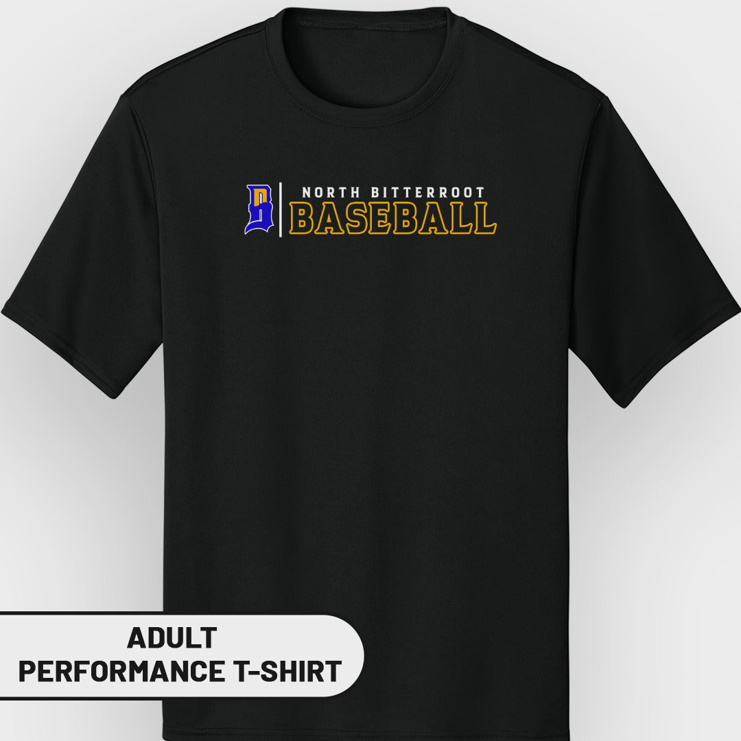 Black adult performance t-shirt with "NORTH BITTERROOT BASEBALL" text and logo.