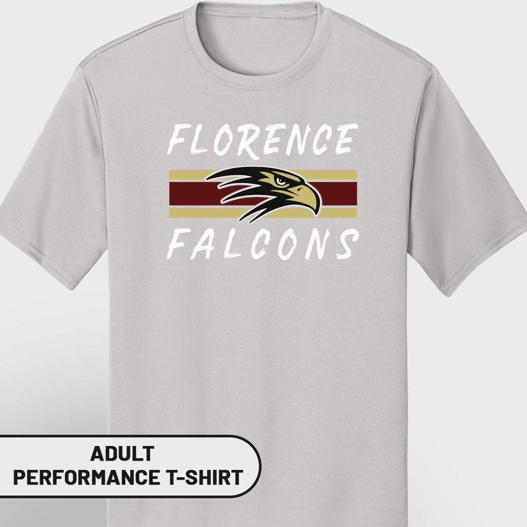 Light grey adult performance t-shirt with Florence Falcons logo and text.