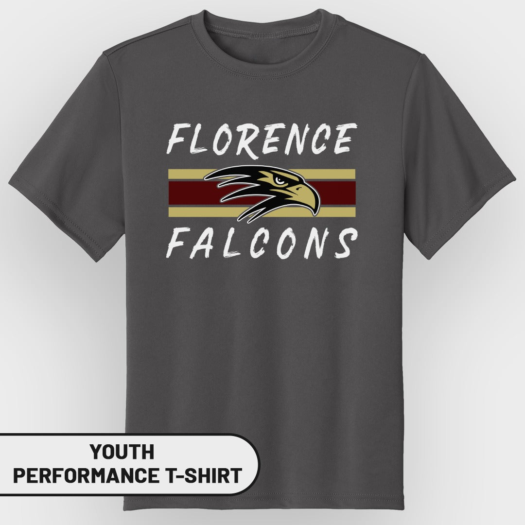 Dark gray youth performance t-shirt with "Florence Falcons" text and logo.