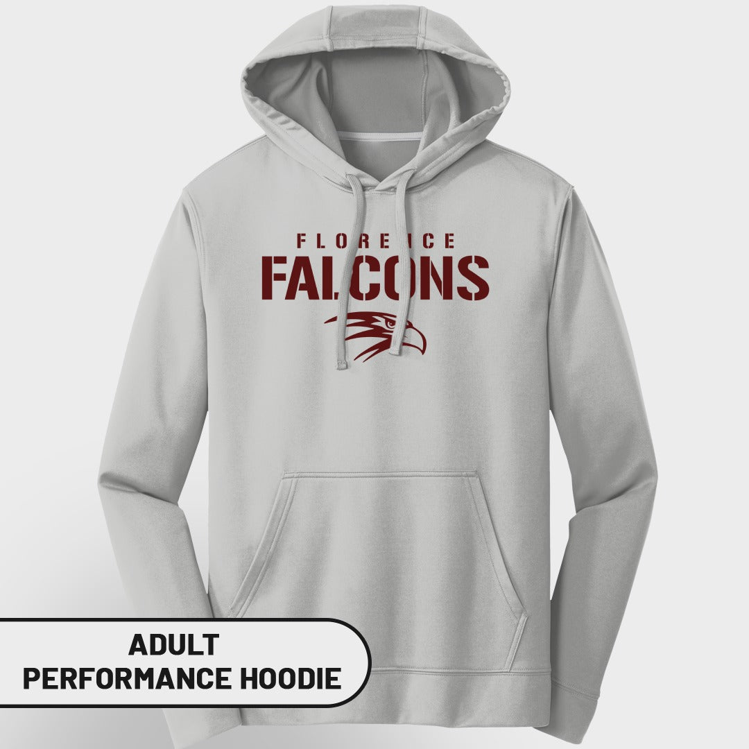 Light grey adult performance hoodie with "Florence Falcons" and eagle graphic.