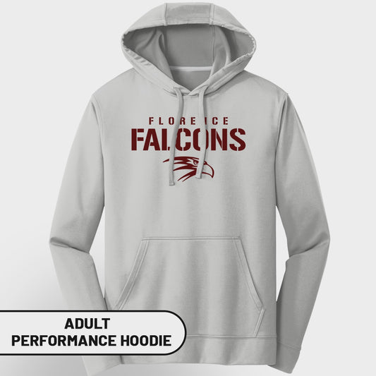 Light grey adult performance hoodie with "Florence Falcons" and eagle graphic.