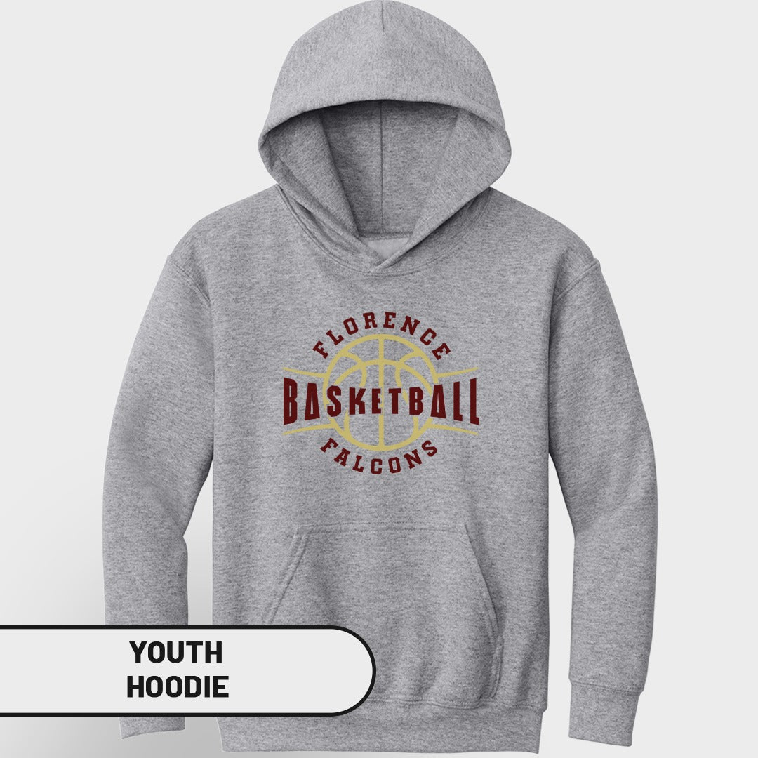 Grey youth hoodie with "Florence Basketball Falcons" logo on chest.