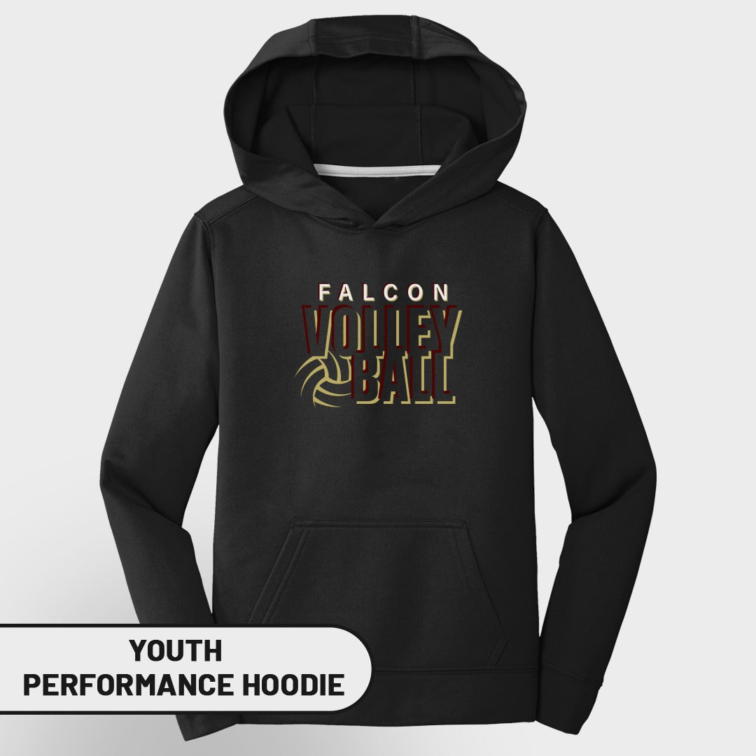 Black youth performance hoodie with "FALCON VOLLEYBALL" text and volleyball graphic.