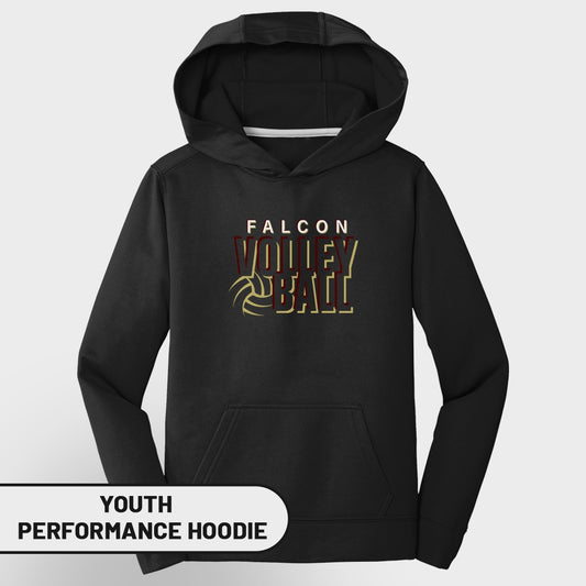 Black youth performance hoodie with "FALCON VOLLEYBALL" text and volleyball graphic.