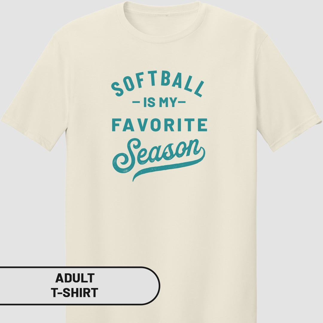 Cream t-shirt with "Softball is my favorite season" text in blue.