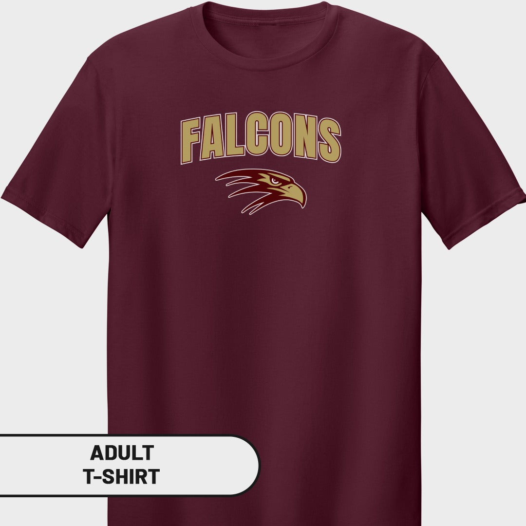 Maroon adult t-shirt with "Falcons" text and a falcon head graphic.