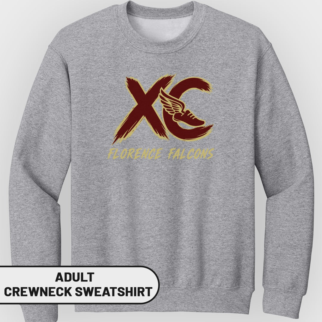 Gray adult crewneck sweatshirt with maroon and gold XC logo and "Florence Falcons" text.