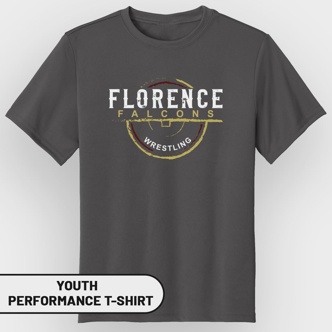 Dark gray youth performance t-shirt with Florence Falcons Wrestling logo.