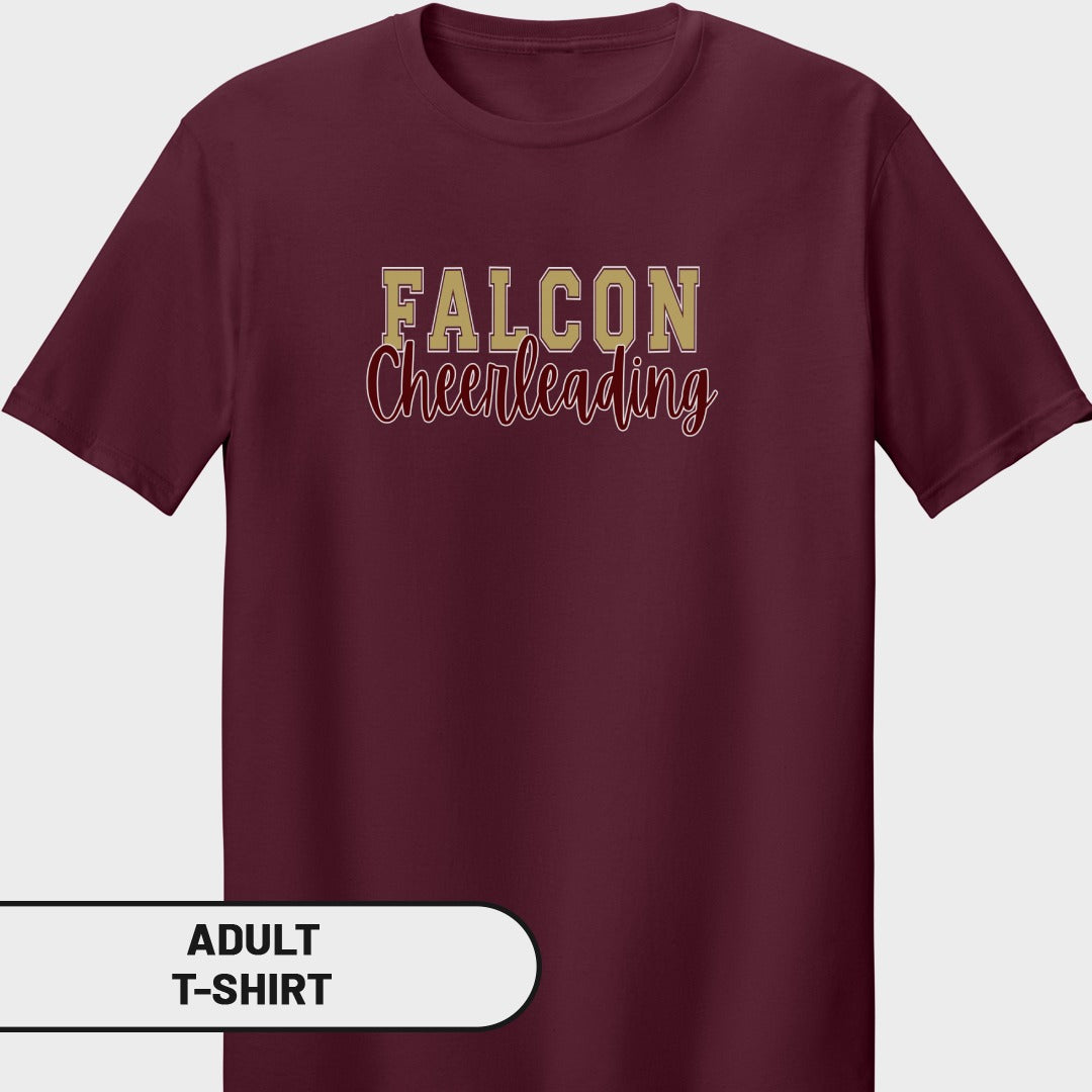 Maroon adult t-shirt with "FALCON Cheerleading" text in gold and red.
