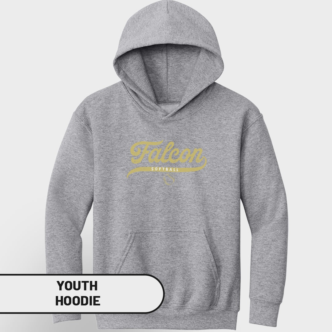 Grey youth hoodie with "Falcon Softball" graphic text in yellow script.