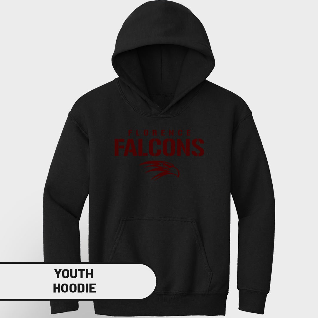 Black youth hoodie with "Florence Falcons" and a falcon head graphic.