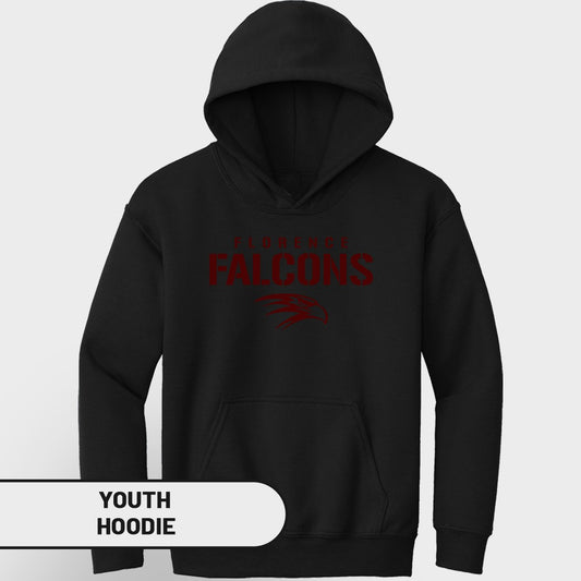Black youth hoodie with "Florence Falcons" and a falcon head graphic.