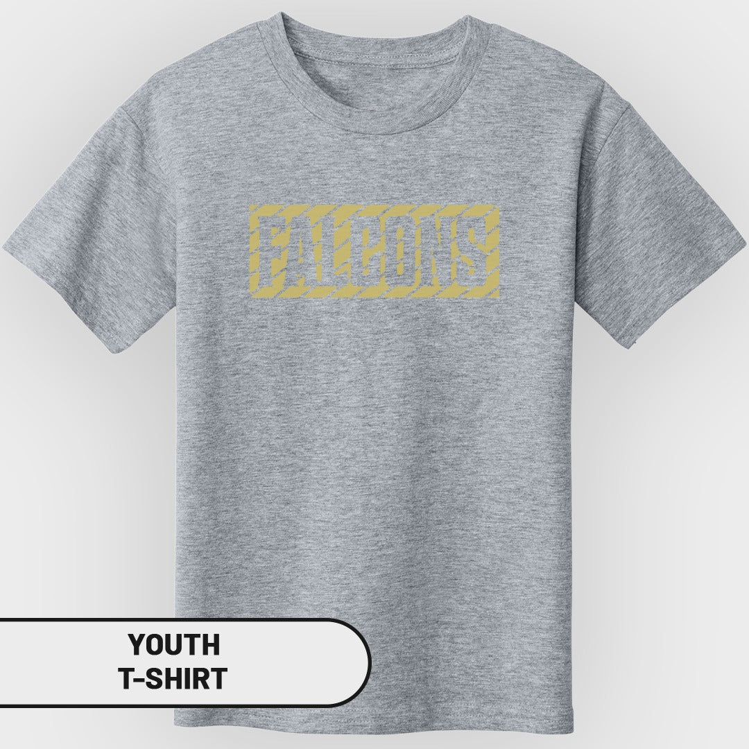 Gray youth t-shirt with "Falcons" text in a distressed gold rectangle.