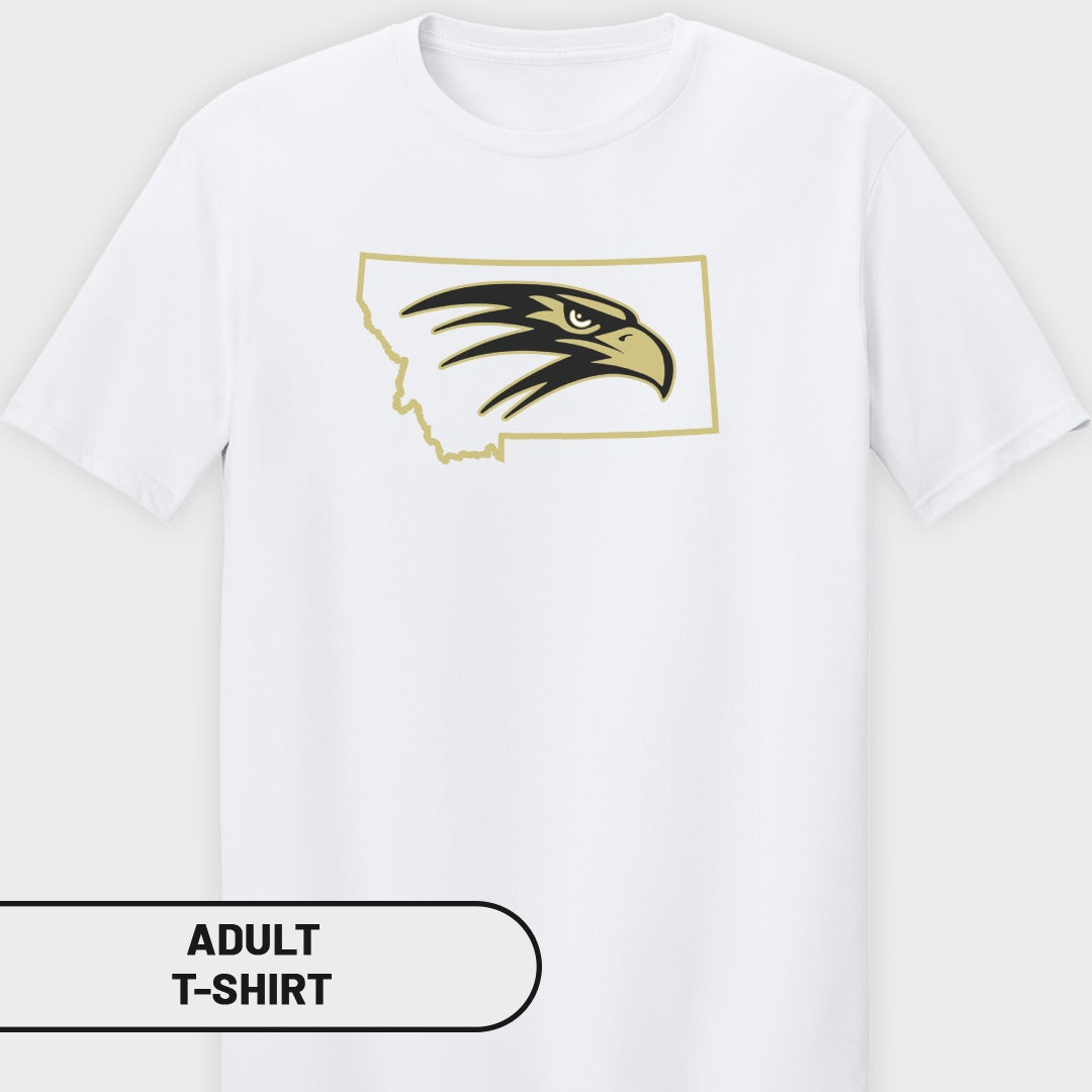 White t-shirt with outline of Montana and eagle head graphic.