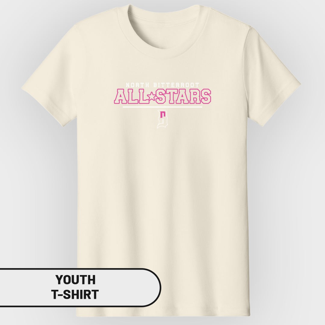 Cream youth t-shirt with "NORTH BITTERROOT ALL STARS" and "n" logo.
