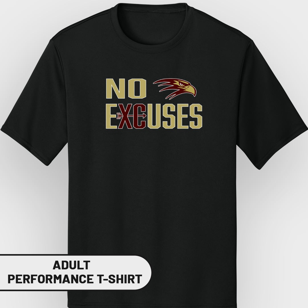 Black adult performance t-shirt with gold and maroon "NO EXCUSES" text and eagle logo.