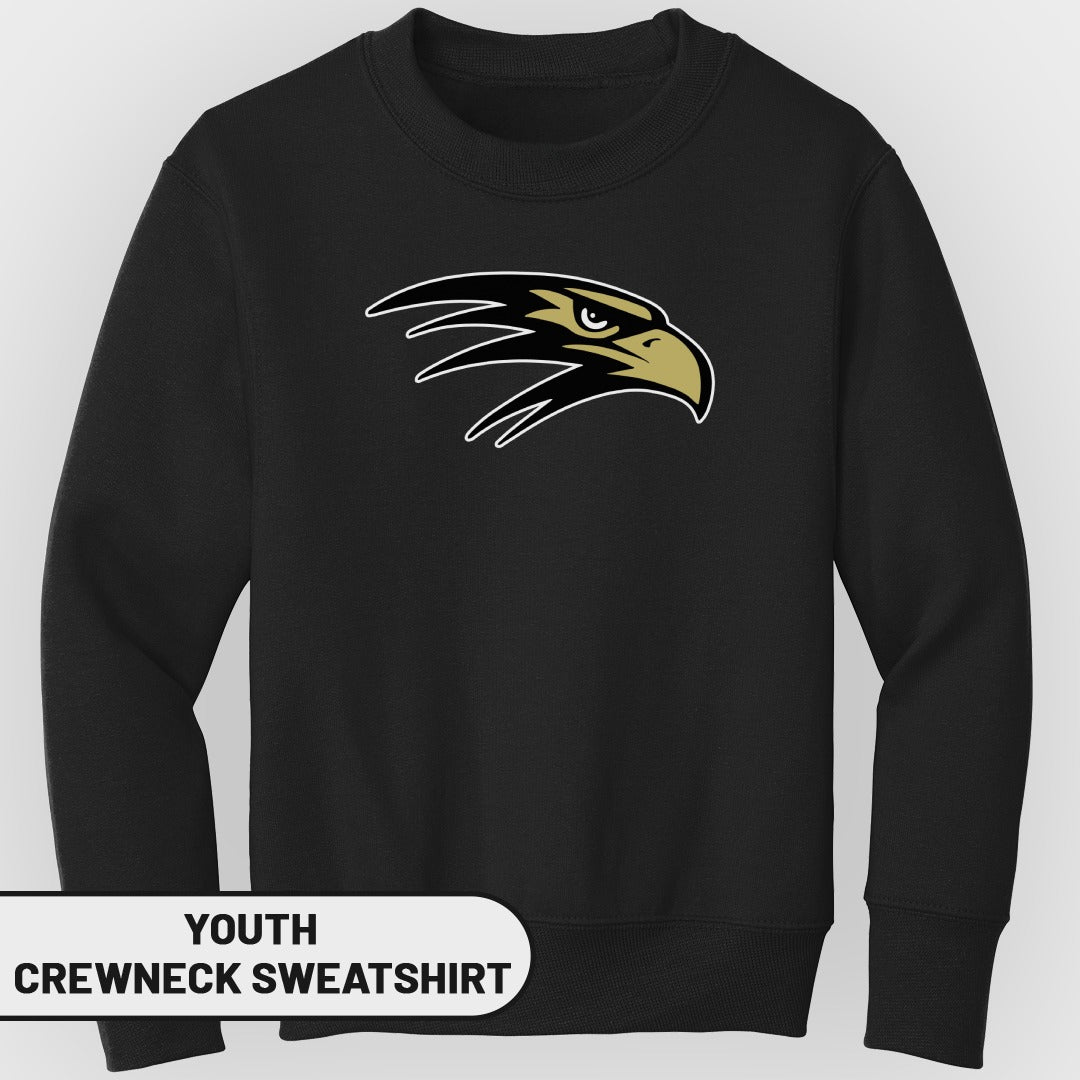 Black youth crewneck sweatshirt with a gold and black eagle logo.