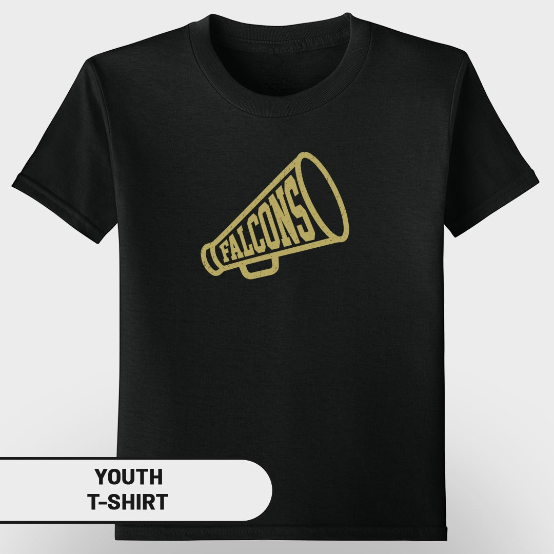 Black youth t-shirt with a gold megaphone graphic that says "FALCONS".