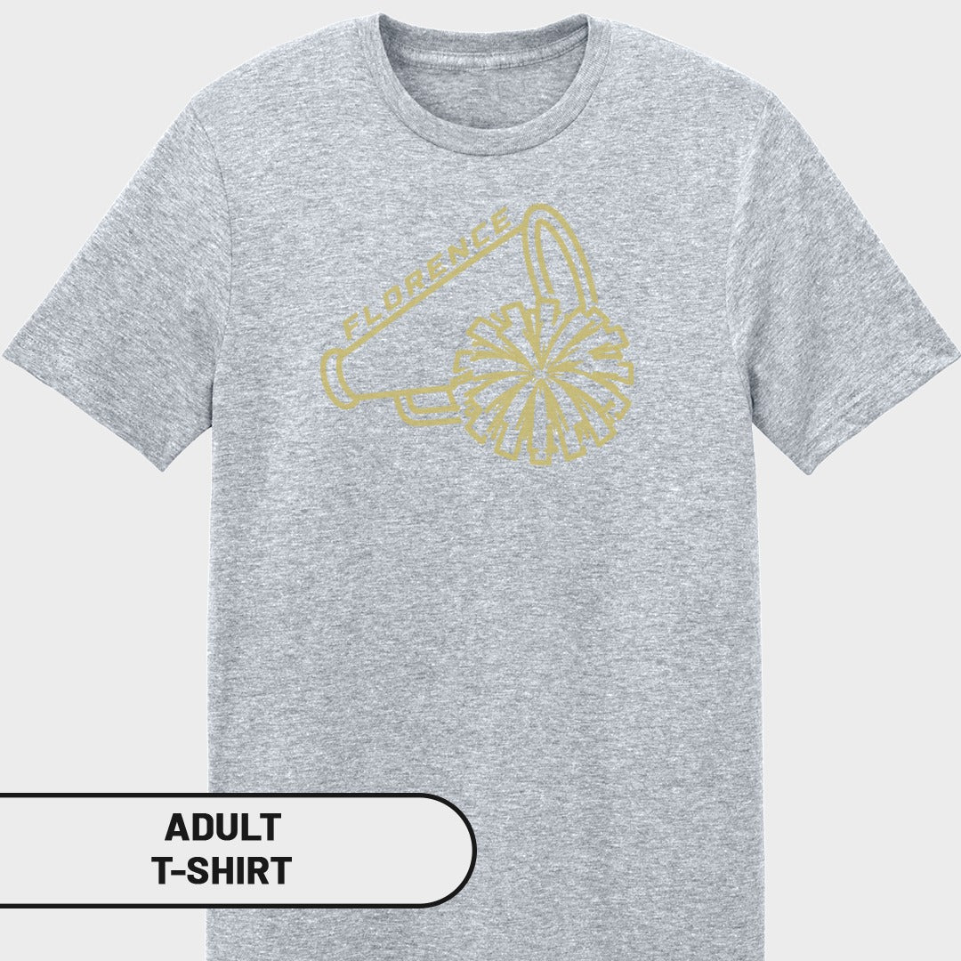 Adult grey t-shirt with gold megaphone and pom-pom graphic reading "FLORENCE".