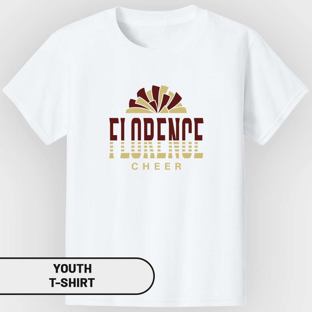 White youth t-shirt with "Florence Cheer" graphic in maroon and gold.