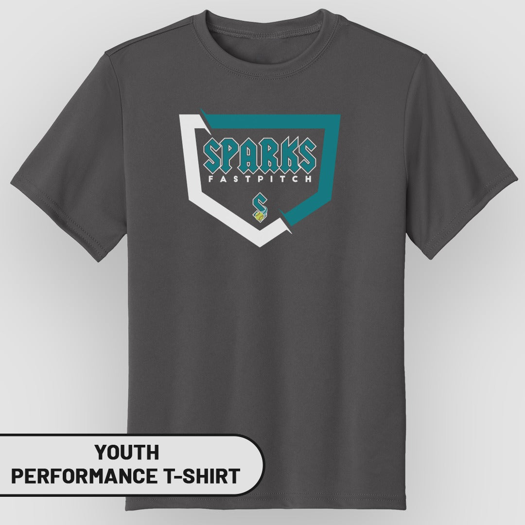 Youth Sparks Fastpitch performance t-shirt in dark gray.