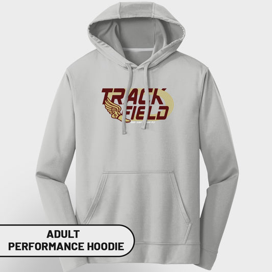 Light grey adult performance hoodie with "Track & Field" graphic and wings.