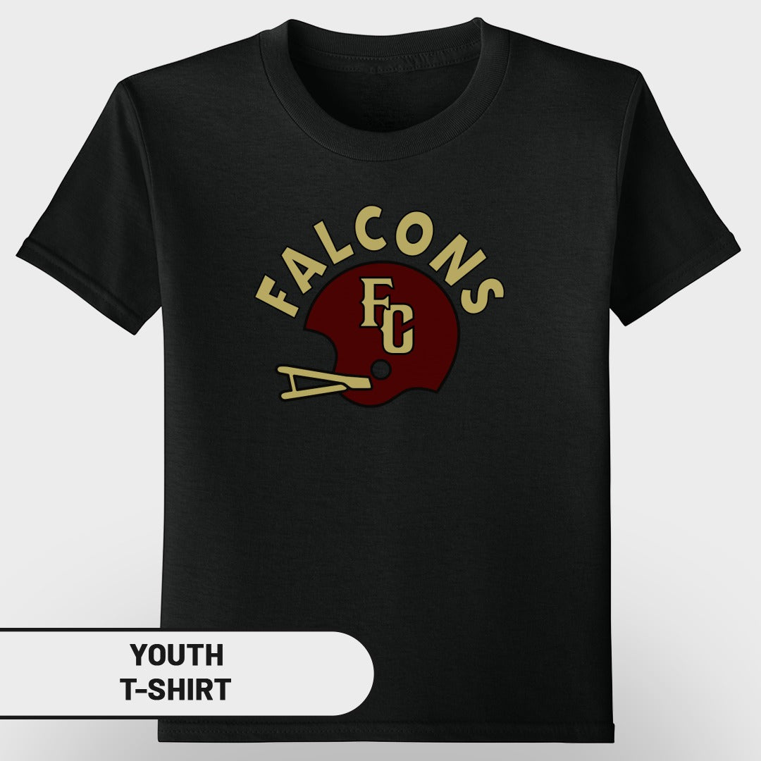 Black youth t-shirt with vintage Falcons FC helmet logo.