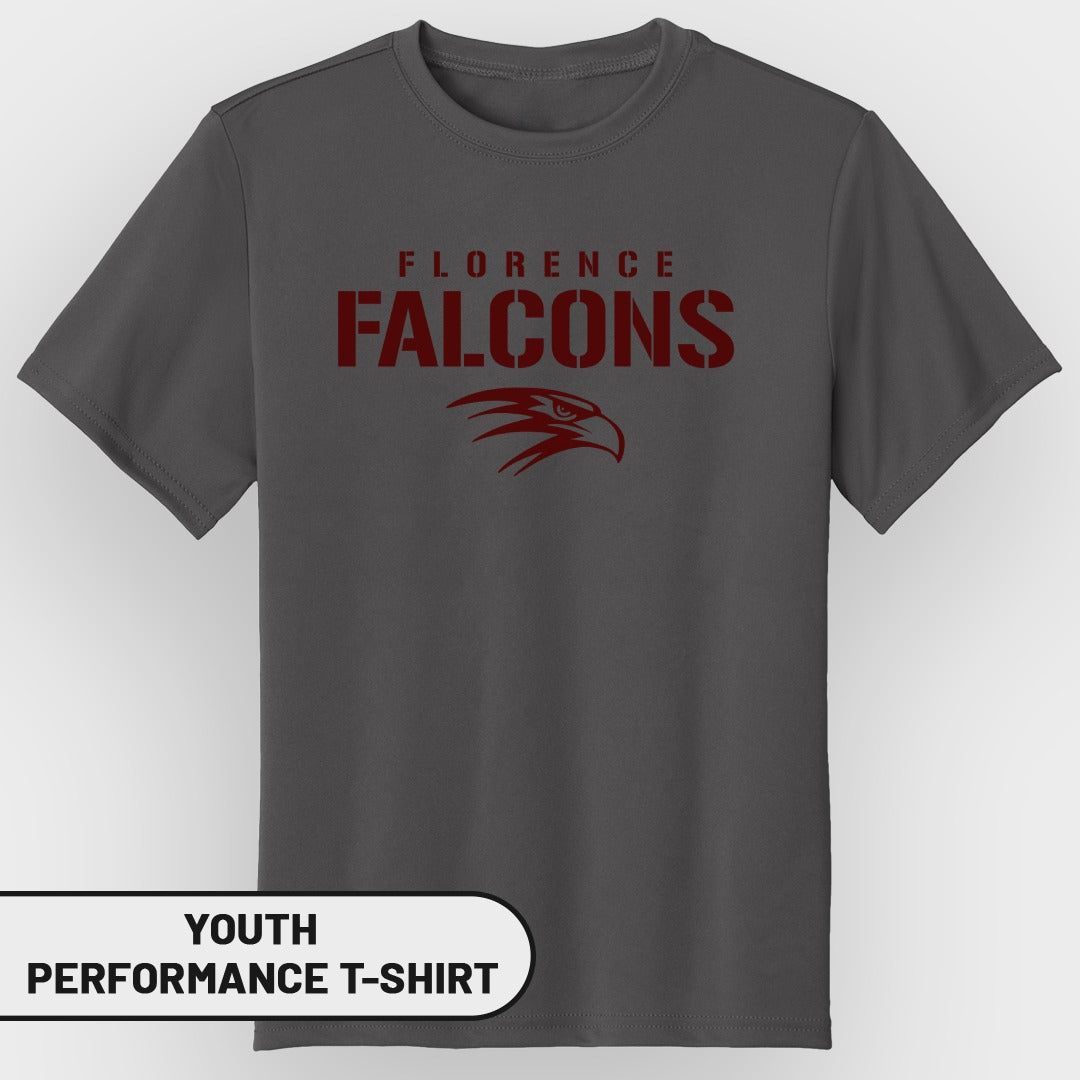 Dark gray youth performance t-shirt with maroon Florence Falcons logo and text.