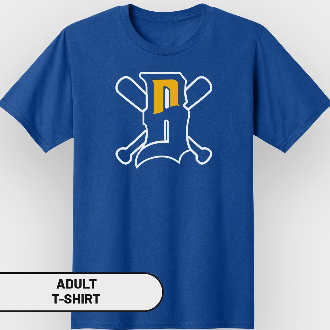 Blue t-shirt with white and yellow baseball bat and "D" logo.