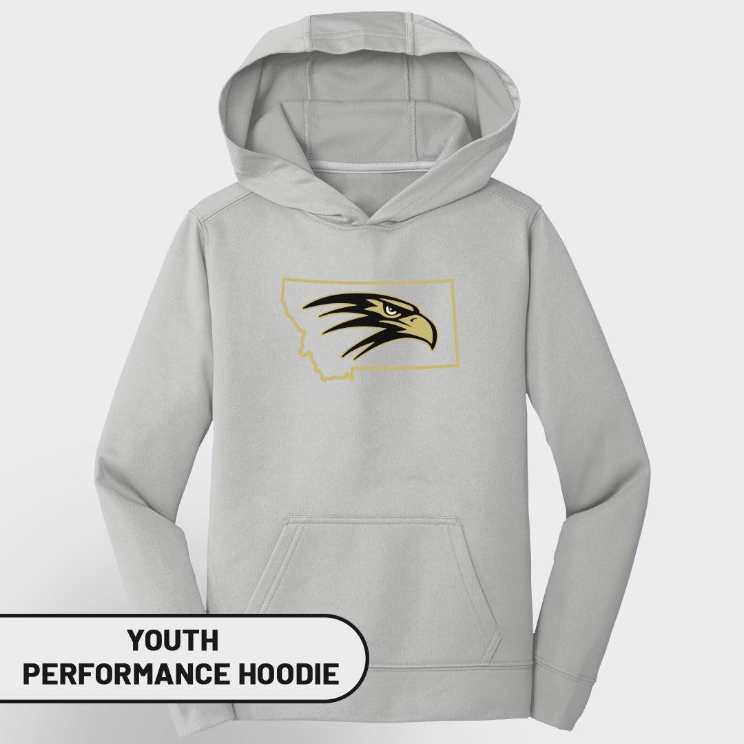 Light grey youth performance hoodie with Montana outline and eagle logo.