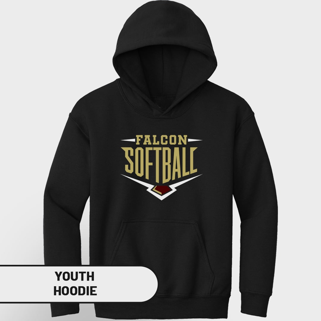 Black youth hoodie with "FALCON SOFTBALL" graphic and white "YOUTH HOODIE" label.